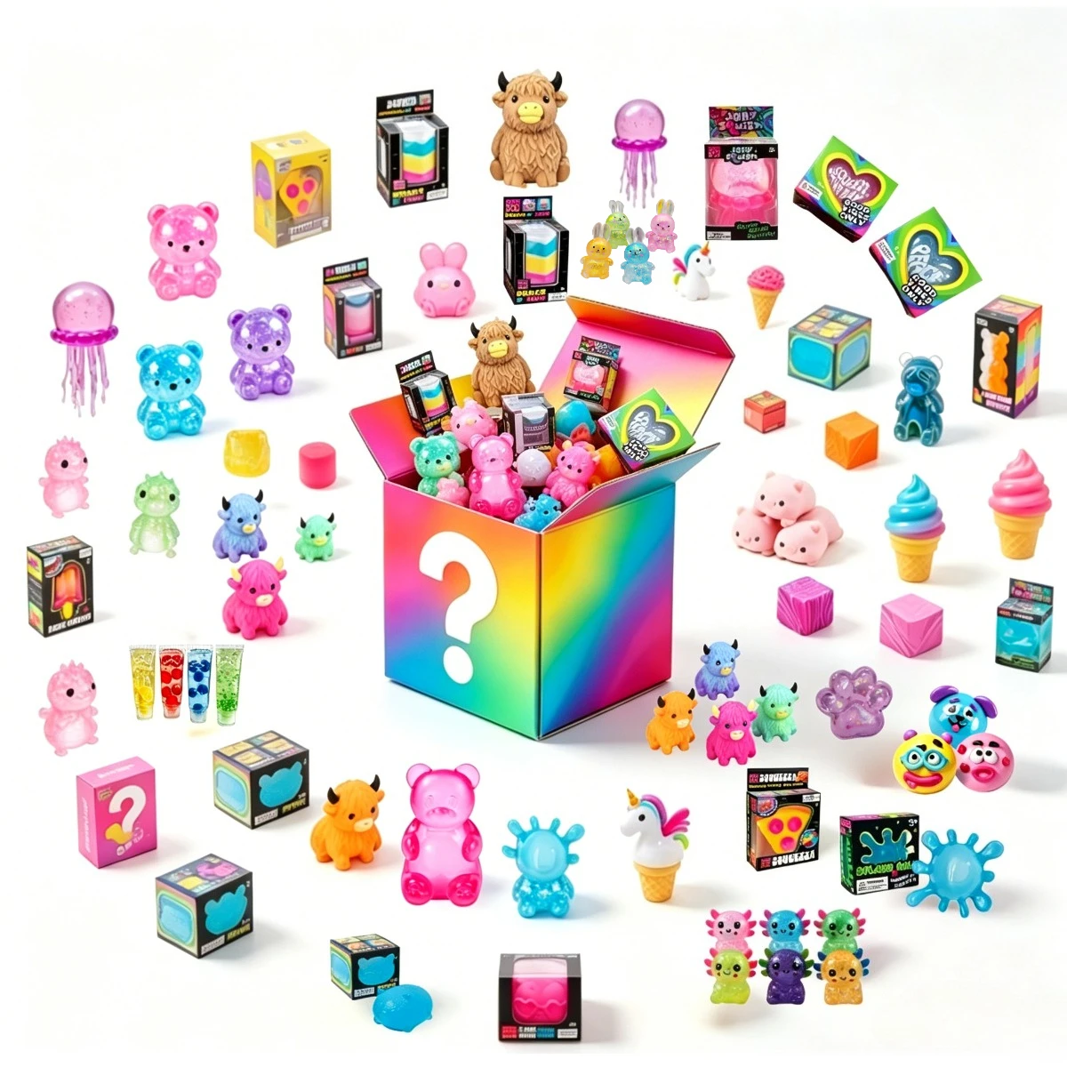Nuevo Modelo 2026 Caja Sorpresa Squishies Misteriosos con Gradiente Arcoíris y Signo de Interrogación, 1 Diseño Surtido de Oso, Medusa, Vaca Highland, Unicornio, Helado, Squishies Sensoriales Antiestrés para Niños y Adultos, Recuerdos para Fiestas de Cumpleaños
