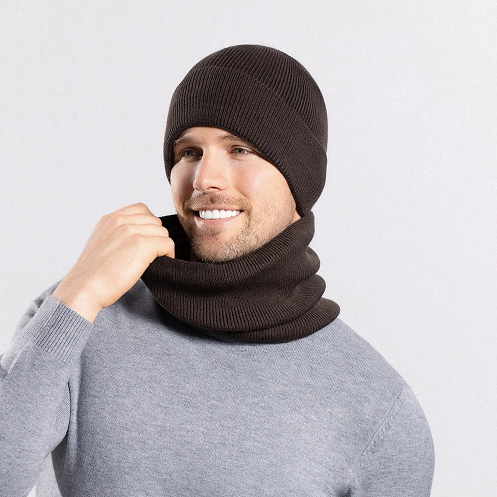 

Men Warm Knitted Hat Winter Beanie Hats Scarf Set Skull Cap Neck Warmer Thicken Fur Lined Male Winter Hat Mask Scarf For Men