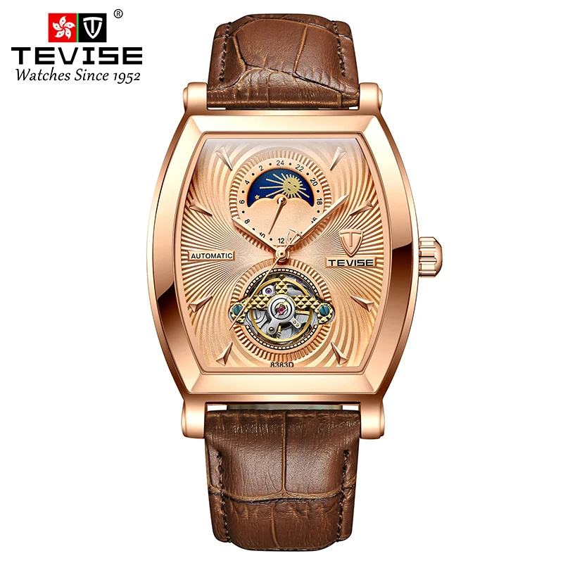 TEVISE Automatic Mechanical watch for man Leather waterproof wristwatch Business&Fashion Tourbillon