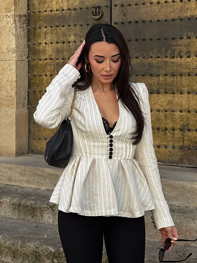 HH Women Fashion Long Sleeve Striped Short Skirt Style Hem Blazer Woman Chic Single Breasted V-Neck Casual Commuting Jacket