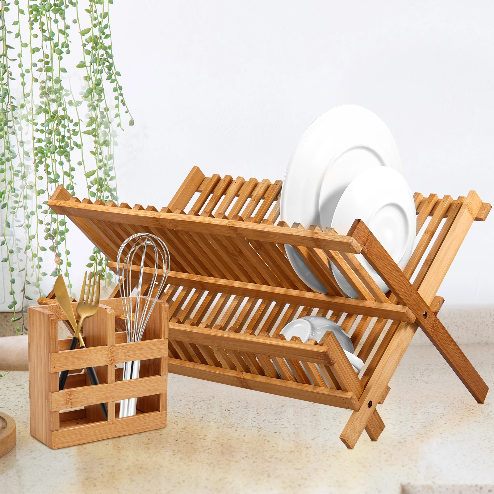 

Dish Drainer Drying Rack Bamboo Dishes Drying Rack with 20 Slots 2 Tier Bowl and Dish Holder with Utensil Box Collapsible Bowl