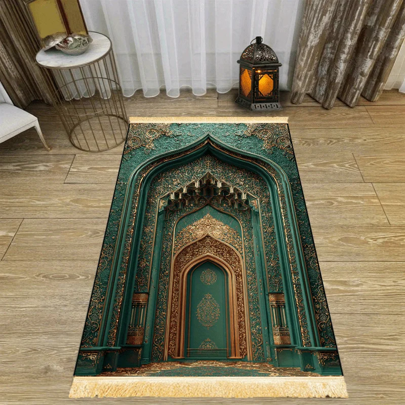 VIKAMA Dark Green Gilded Architectural Art Muslim Prayer Rug with Tassels Soft and Warm Prayer Mat Religious-Specific Knee Pad