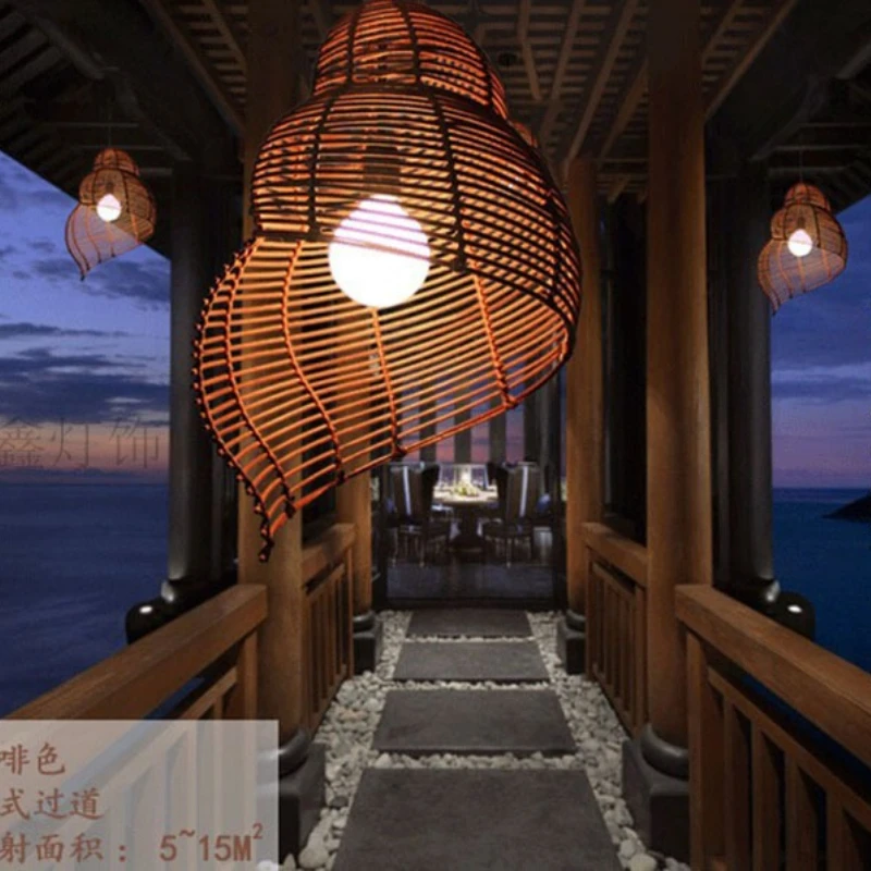 ضوء قلادة من نسيج الروطان الياباني، غرفة طعام بسيطة لغرفة المعيشة في الريف، مصباح معلق على شكل حلزون دائري محارة إبداعية