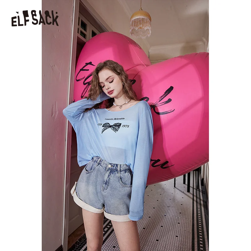 ELFSACK 2024 Summer New Imitation Tencel Cool Bow Pattern Lazy Open Back T-shirt for women