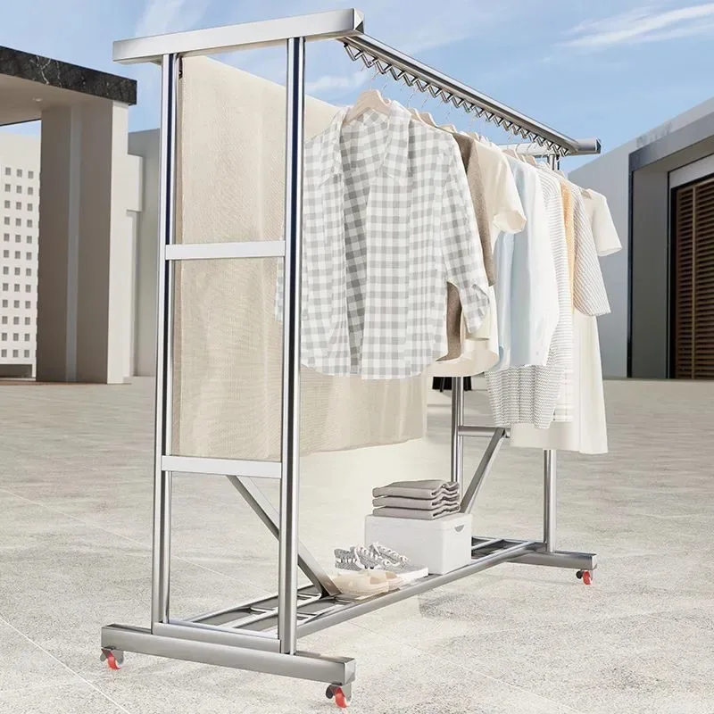 Movable Home Double Pole Clothes Drying Rack Thickened Stainless Steel Windproof Floor Standing Rack For Balcony Outdoor Drying 4
