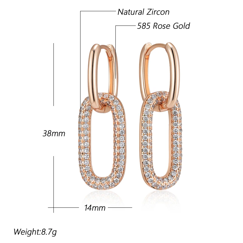 Kinel Geometric Oval Rectangle Full Natural Zircon Hoop Earrings For Women 585 Rose Gold Color Daily Fine Elegant Female Jewelry