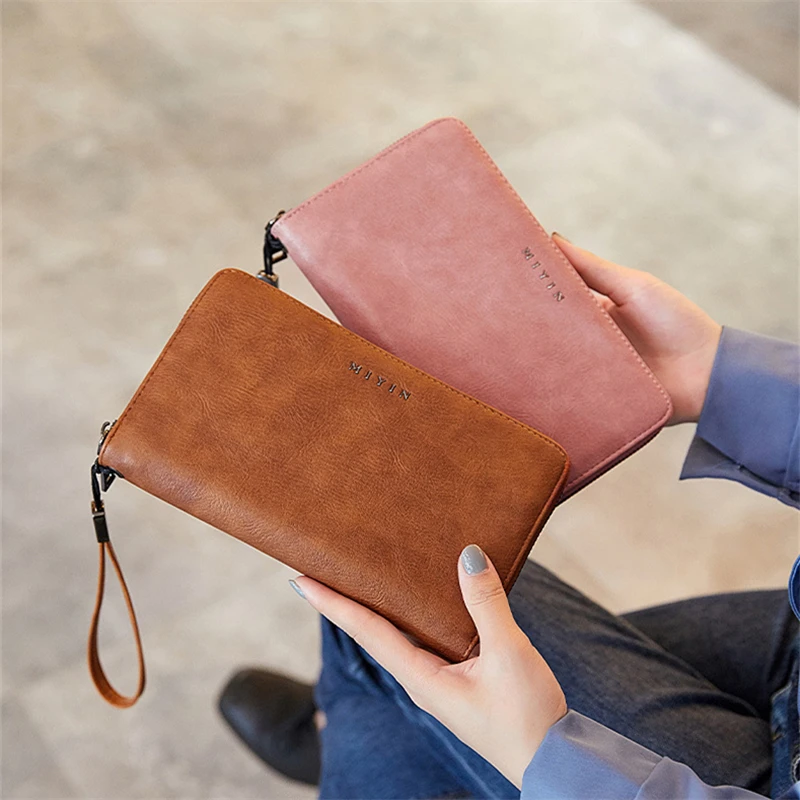 RFID Long Vintage Wallet Women Large Capacity Multi-Card Holder Leather Zipper Purse Female Money Coin Pocket Phone Clutch Bag
