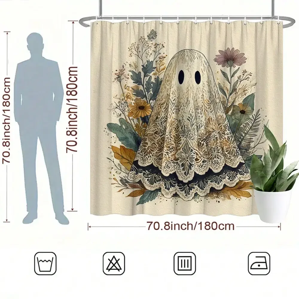 1pc Halloween Bath Curtain with Floral Accents Rustic Bathroom Decor Shower Partition Curtain Set 70, 8x70, 8 Inch with 12 Hooks Featuring a Fun and Whimsical Design, Best for Christmas, Perfect for Thanksgiving