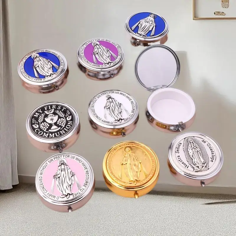 Classical Metal Holy Sacrament St. Benedict Rosary Storage, Religious Jewelry Round Gift Box