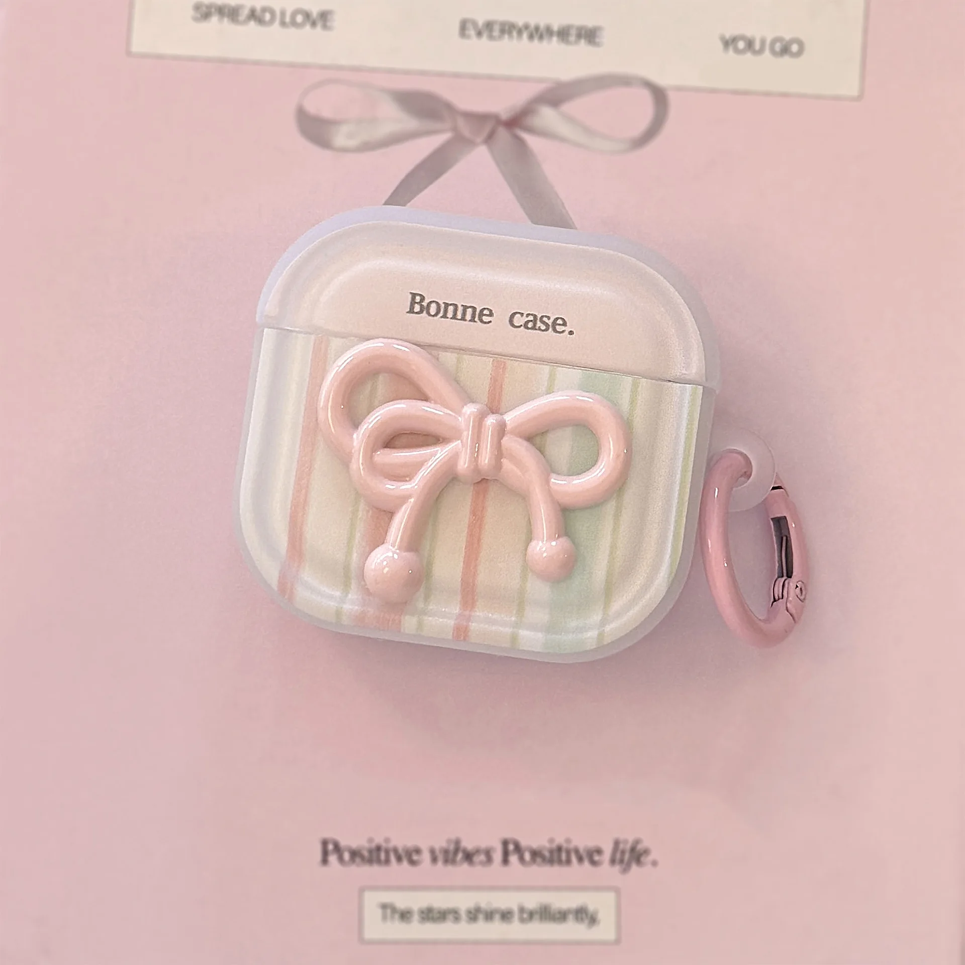Sweet striped bow suitable for  Airpods 4th generation Bluetooth headphone cover Pro3 pink pendant 1 white 3rd generation