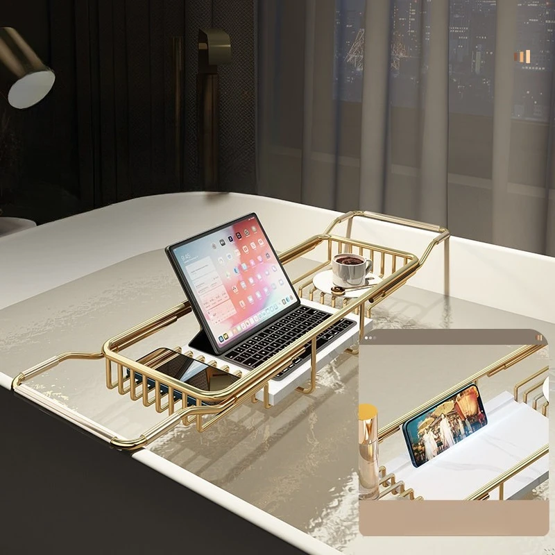 

Telescopic Bathtub Storage Rack 10MM Deep Groove Waterproof Rustproof Stainless Steel Bathroom Shelf With Phone Holder Tray