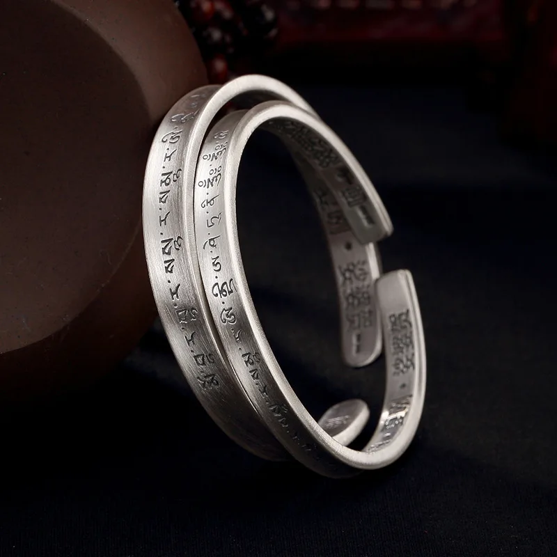 S999 Sterling Silver Bracelets for Men Women Buddhist Six-Character Mantra 6mm 8mm Bangle New Fashion Jewelry Wholesale