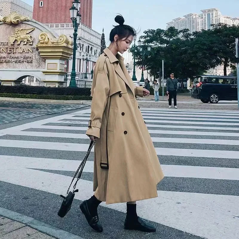 New Streetwear Loose Trench Coat Women Mid Long Fashion Korean Elegant Khaki Windbreaker Coat Casual Double Breasted Female Tops