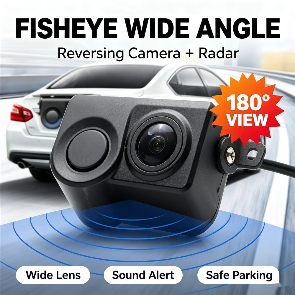 Car Reversing Radar Backup Camera HD Fisheye Wide Angle Lens Visual+Sound+Digital Triple Warning Adjustable Mount Parking Assist