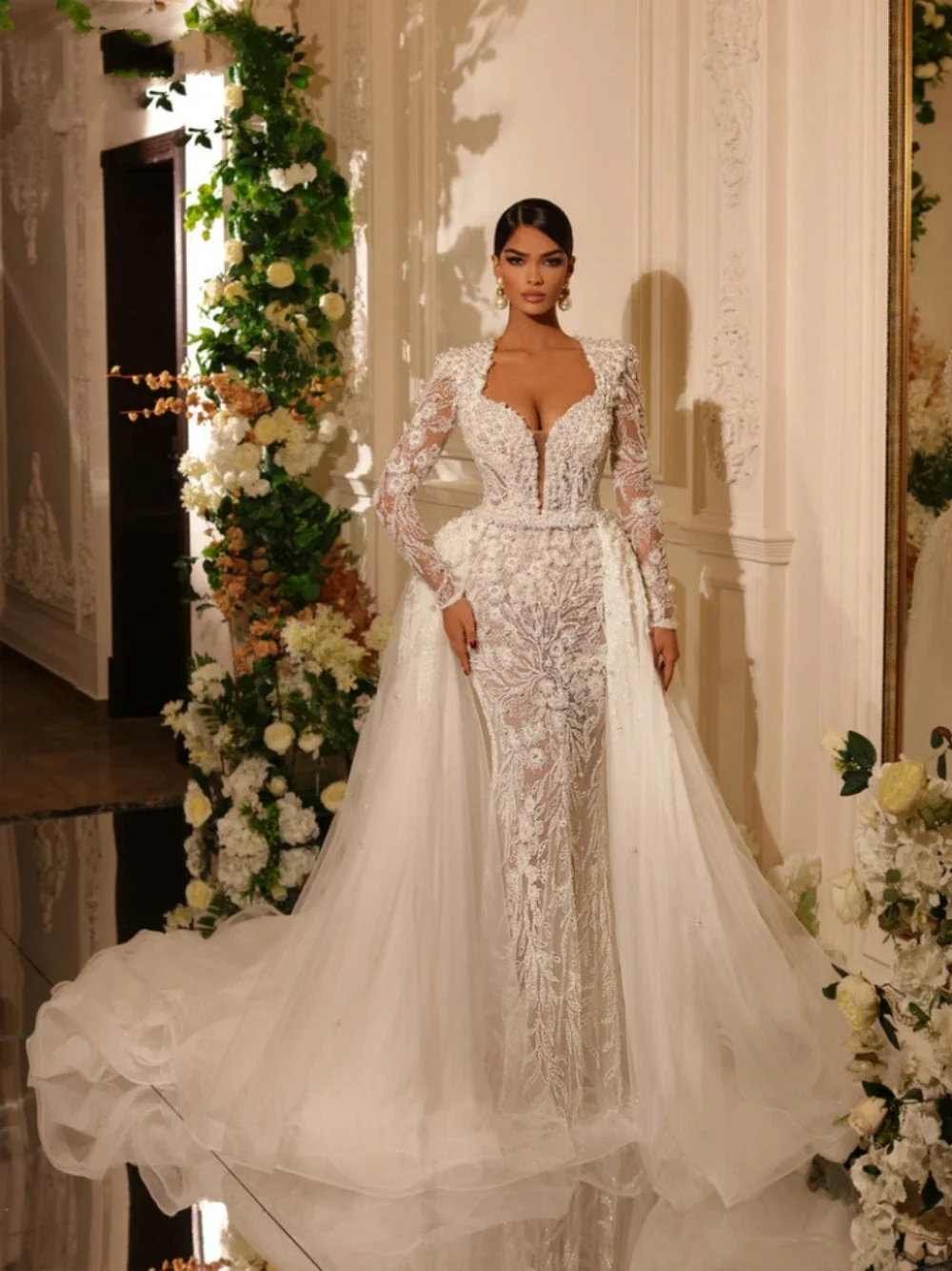 Flavinke Aangepaste Zeemeermin Sweetheart Hals Trouwjurken Kralen Parels Bruid Gewaad Lange Afneembare Bruidsjurk Robe De Mariée