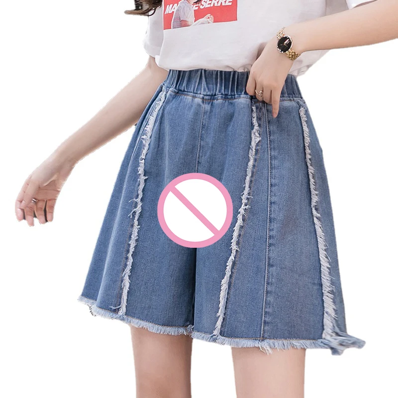 Woman Sexy Open Crotch Pants Skirt Jean Hidden Zipper Janpan Style Adult Toys Crotchless Shorts Thick Blue Outdoor Sex Costume