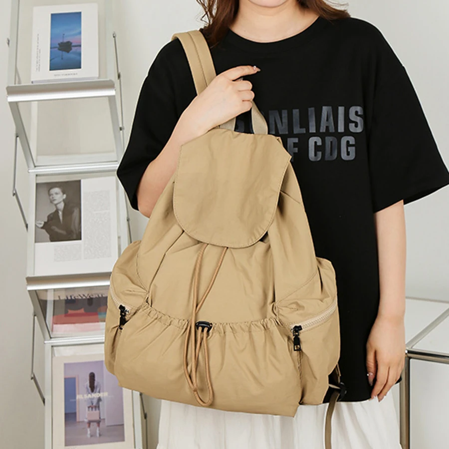 Nylon Multiple Pockets Flip Backpack for Outdoor Women Large Capacity Korean Style Drawstring Schoolbag Versatile Sports Bag Sac