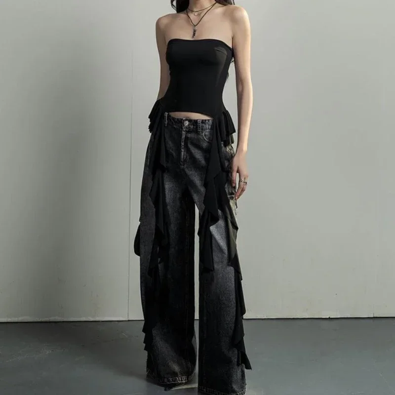 Y2k débardeurs asymétrique frangé haut à volants Streetwear noir sans bretelles femmes vêtements d'été débardeur femmes 2025