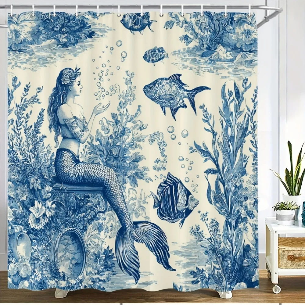 2D Flat, 2D Flat, A Vintage And Ocean-Themed Shower Curtain Featuring 2D Flat Prints. It Showcases Beautifully Drawn Mermaids, T