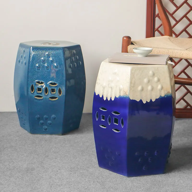 New Chinese style kiln glaze six square ceramic drum stool classical dressing stool shoe stool sofa side a few living rooms