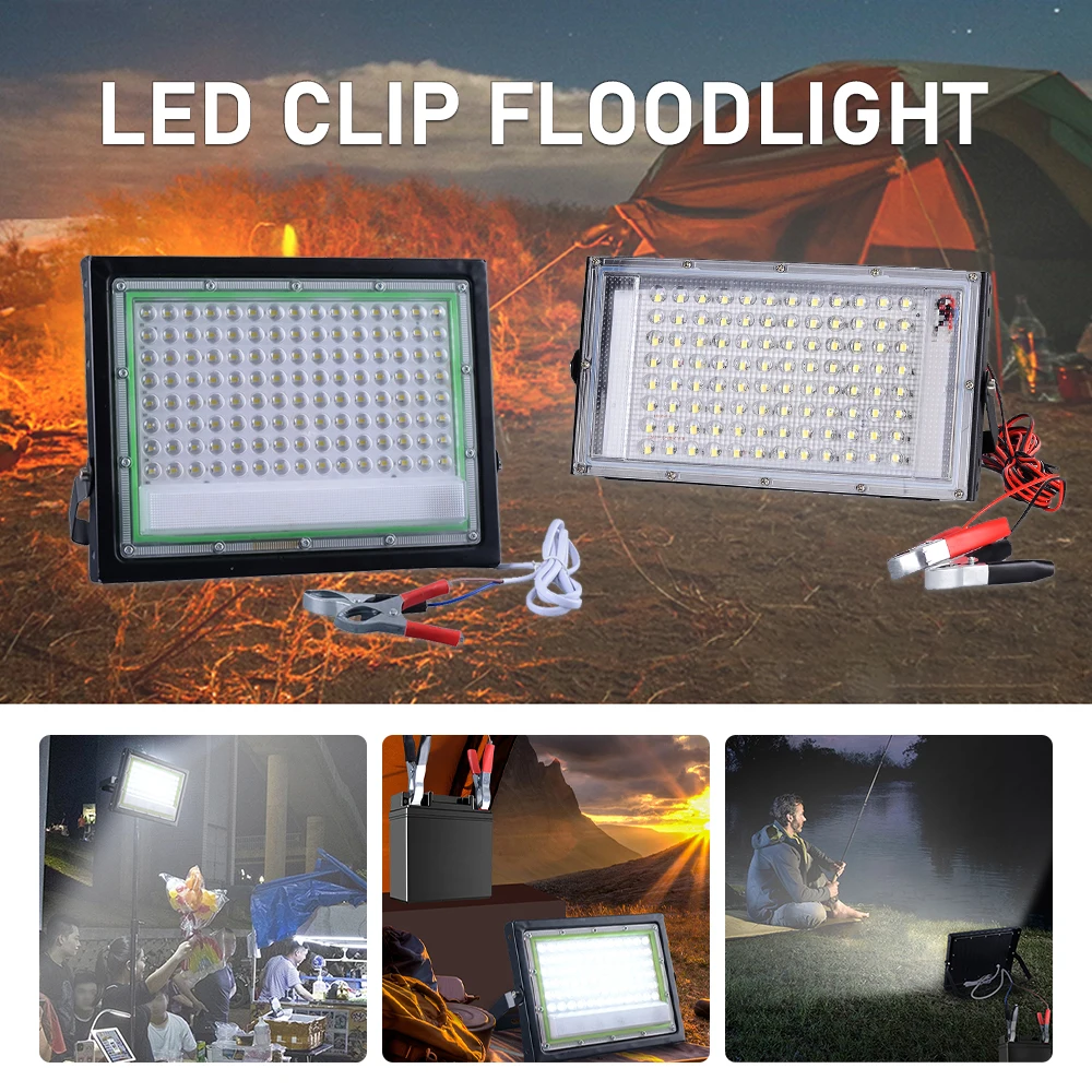 Portable DC12V LED Floodlight Electric Clip Charger 50W 100W LED Outdoor Spotlight Emergency Lamp For Camping Hiking Working