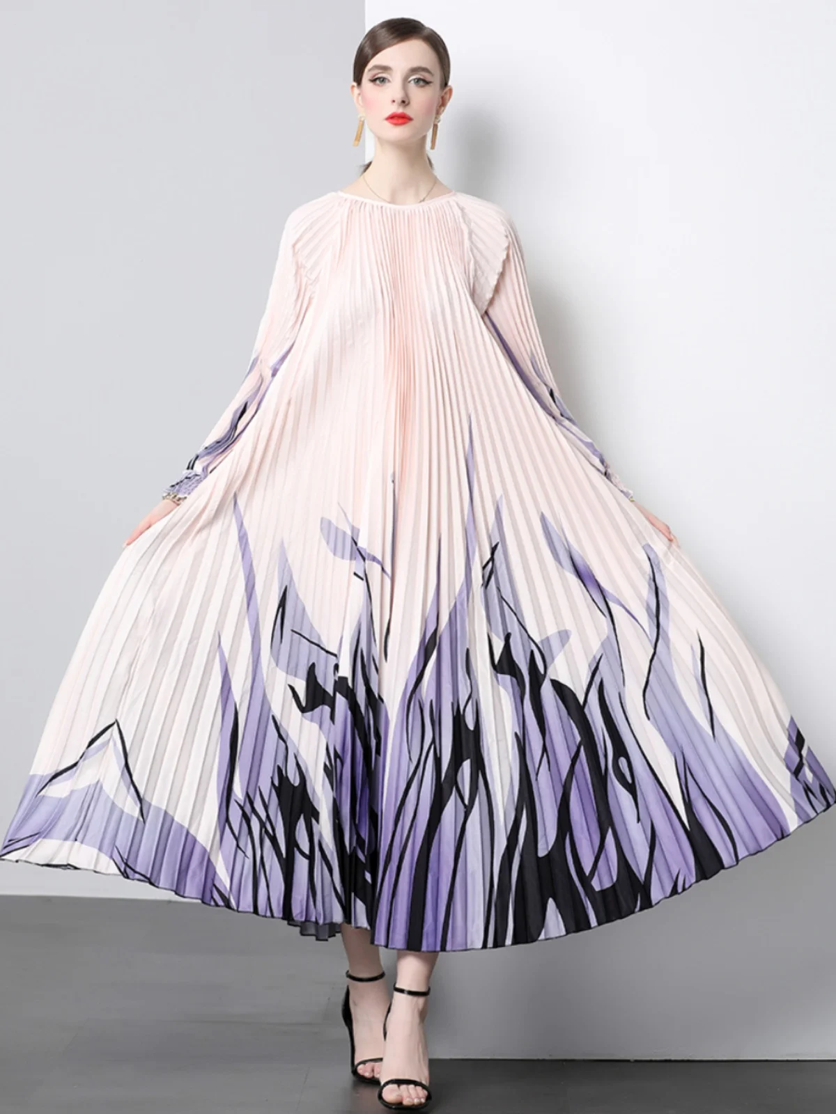 Miyake Pleated 5.5 Meters Oversized Skirt, Organ Pleated Dress Printed Versatile Age-reducing Mother Outfit Foreign Style