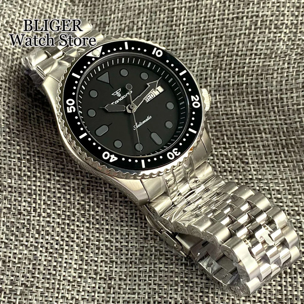 Tandorio 41mm NH36A Black Dial 200M Waterproof Automatic Dive Wristwatch For Men 120 Click Bezel Sapphire Glass Steel Bracelet