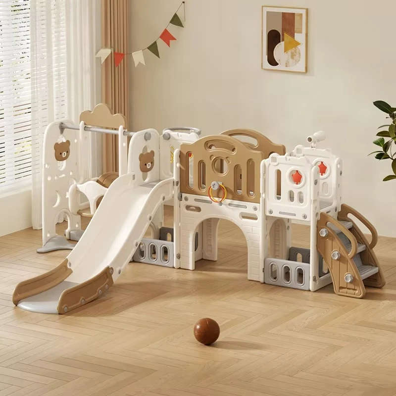 

Безопасная горка с мультяшным медведем, игровая комната в помещении, большая детская игровая площадка, пластиковые игрушки, детские качели и детская горка