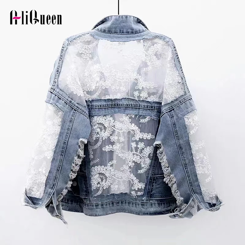 

Chaquetas Mujer Spring Summer Streetwear Embroidery Lace Patchwork Denim Jacket Women Frayed Tassel Loose Jeans Coat Outerwear