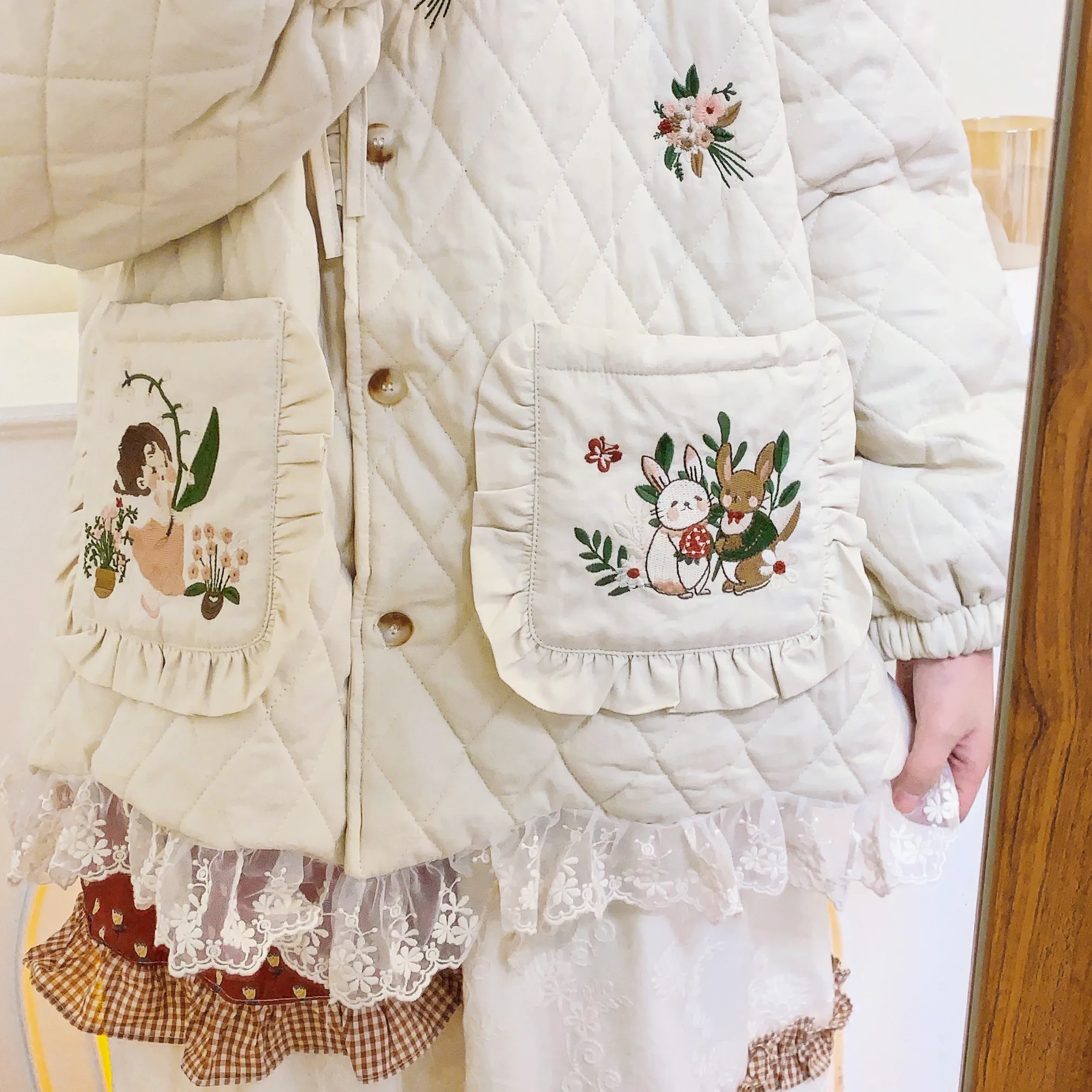 Mori Girl Vintage Sweet Floral Embroidery Ruffled Lace Quilted Hoodie Coat for Women Winter Sweet Cottagecore Korean Style Coat