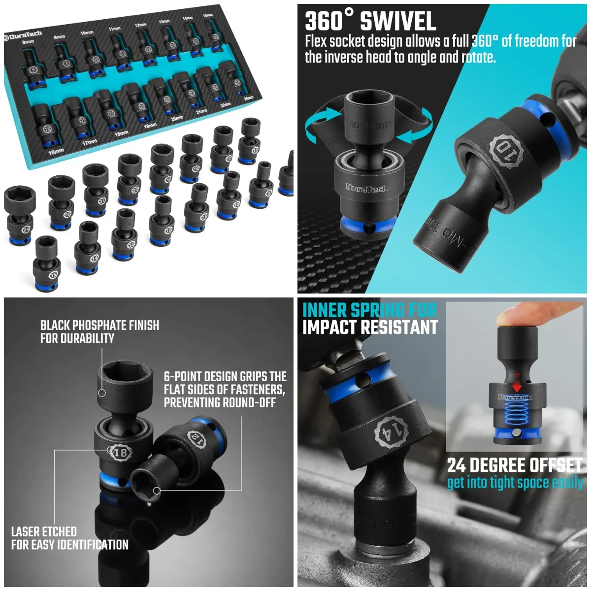 

3/8' Drive Impact Swivel Socket Set, 16-Piece, Metric 8-24MM, Cr-Mo Steel, EVA Organizer