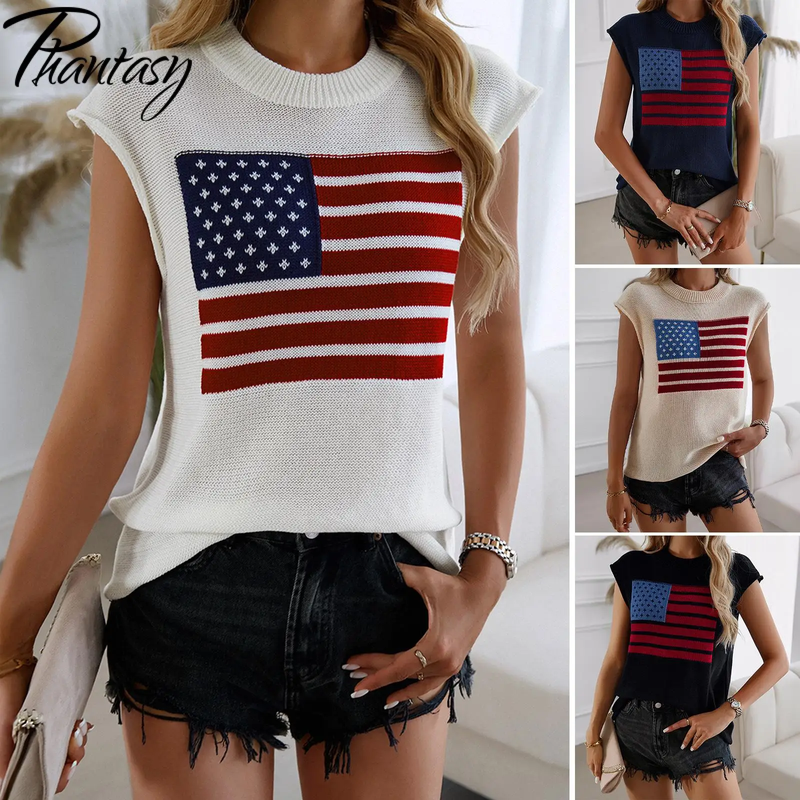 Phantasy Autumn Knitted Vest Women Sweater American Flag Pattern Tops Sleeveless Sweater Fashion Streetwear Female Outfit