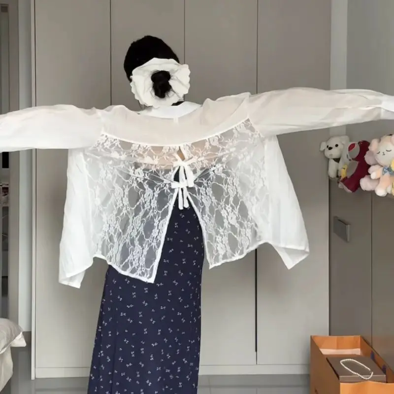 Design Sense White Bow Halter Shirt Women's Summer with Tulle Sunscreen Cardigan Lace Blouse Top