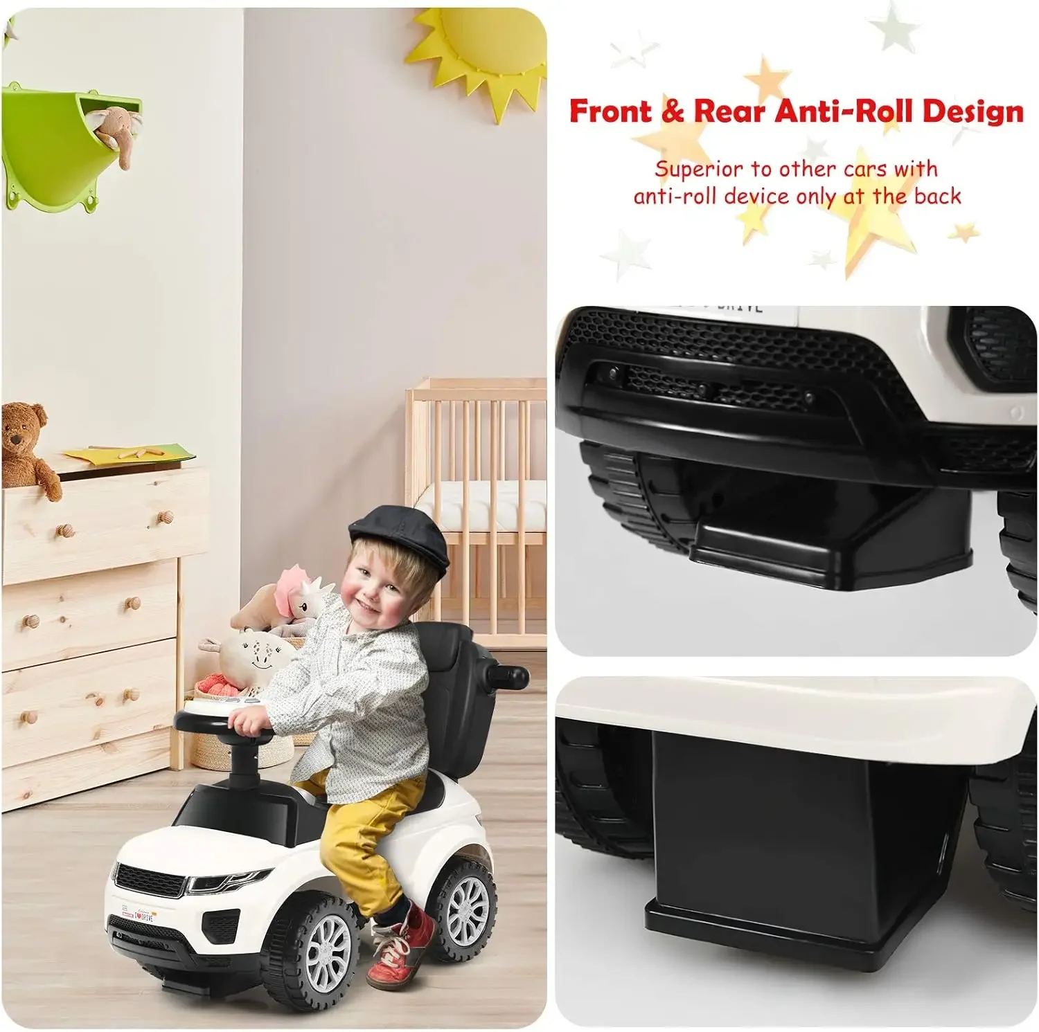 3 in 1 Ride on Push Car, Stroller Sliding Walking Car with Horn, Music, Light, Under Seat Storage, Parental Handle, Armrest Guar