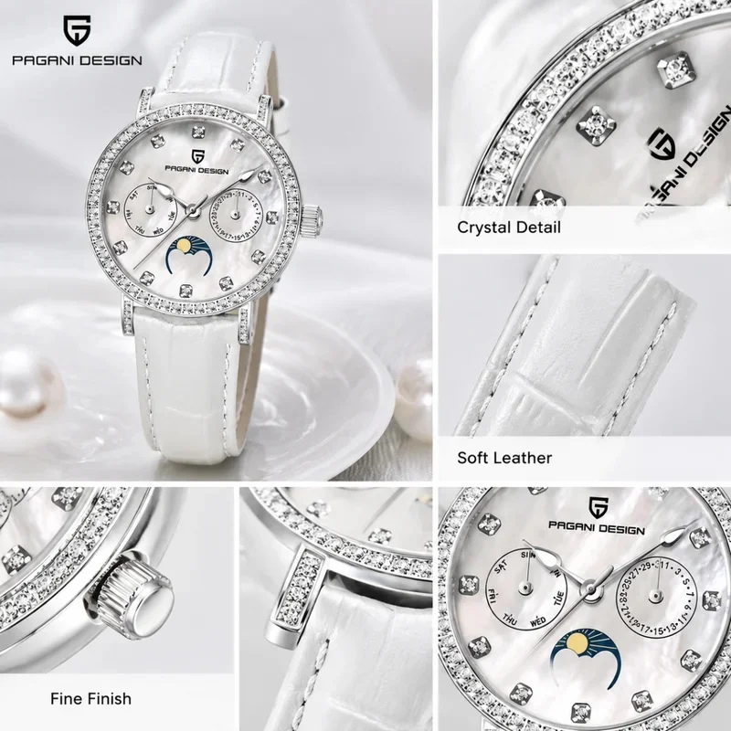 PAGANI DESIGN Women Quartz Watch Moon Phase Mother-of-Pearl Dial Crystal Bezel White Leather Strap Elegant Ladies Waterproof Wri