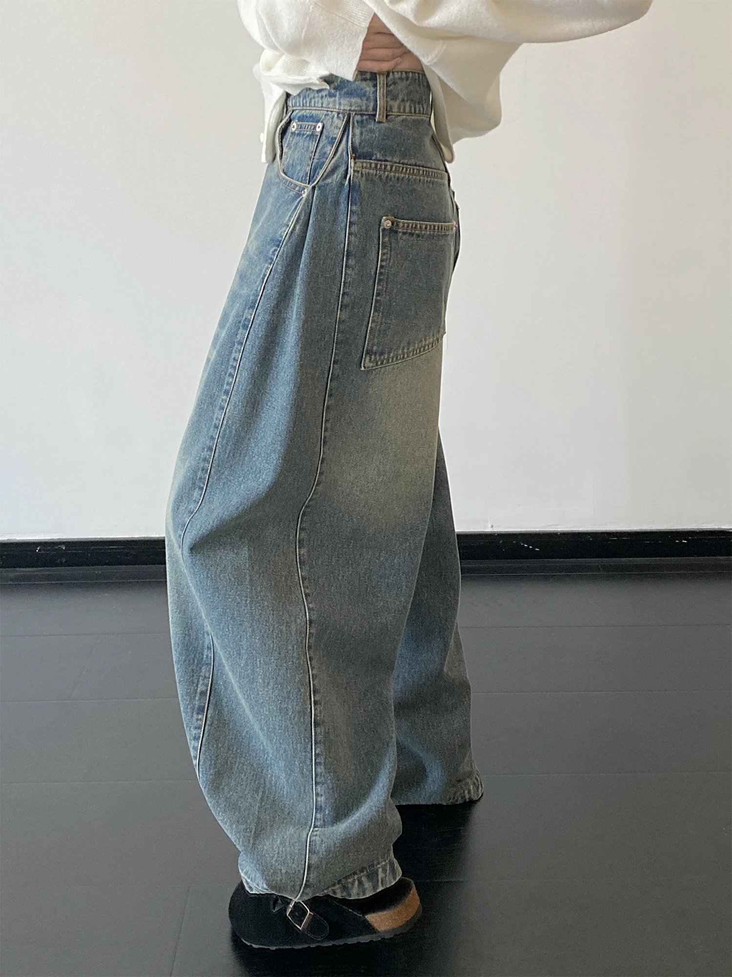 

Джинсы SunYeo Heavy Industry с широкими штанинами, синие, из денима, с высокой талией, свободного кроя, винтажные, женские брюки