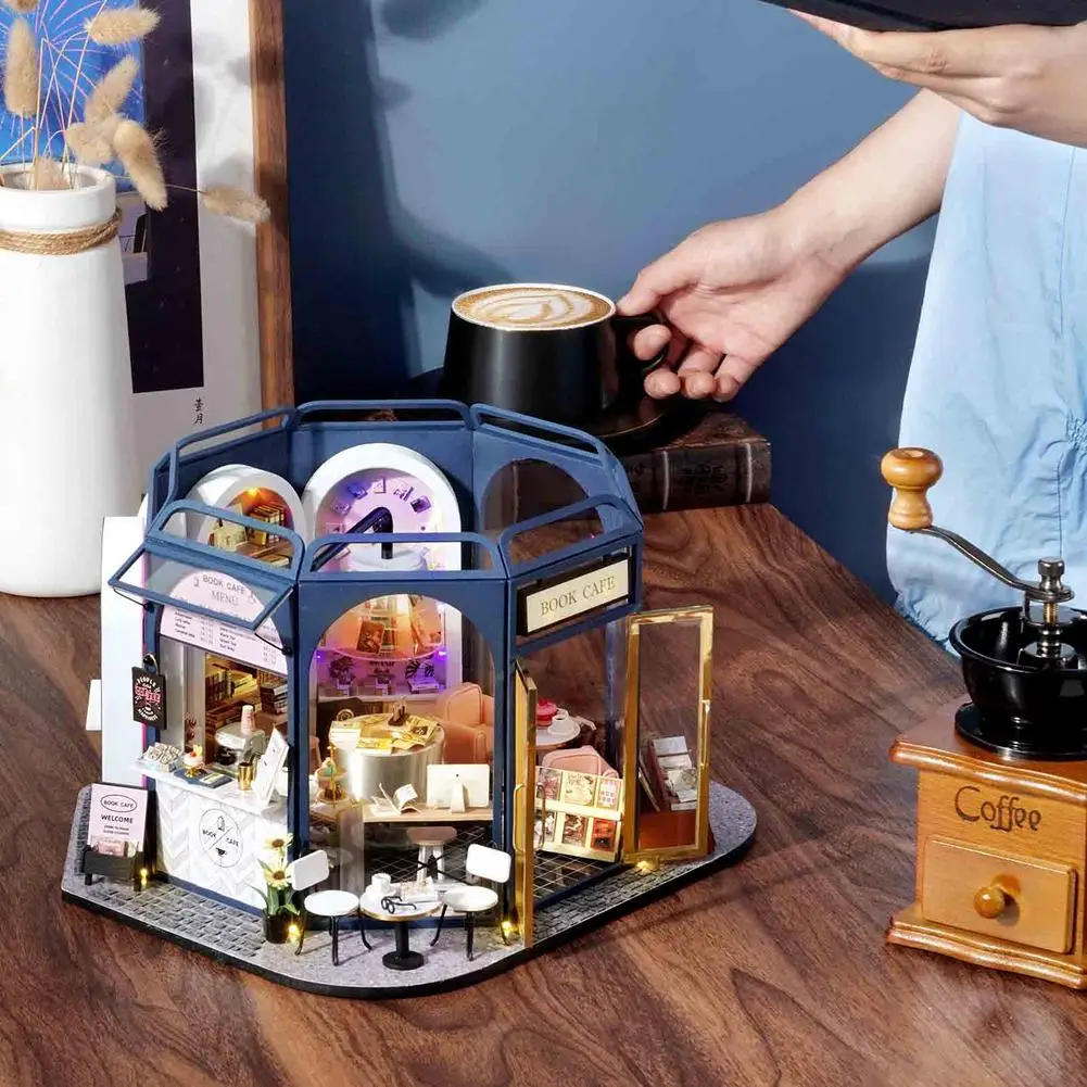 

DIY Book Cafe Dollhouse Miniature with LED Light Wooden Dollhouse Kit Perfect Christmas Birth Gift Exquisite Cafe Ideal House