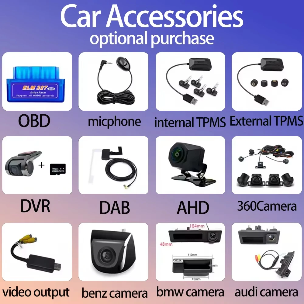Car Accessories For AHD Rear View Camera USB DVR 360 Camera TPMS OBD Tools Micphone Android Car Radio Navigation Multimedia