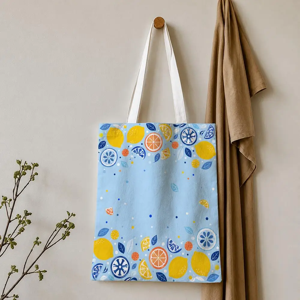 Mediterranean Citrus Pattern Storage Bags Tote Bag Reusable Shoulder Shopping Foldable For School Work Travel Daily Use