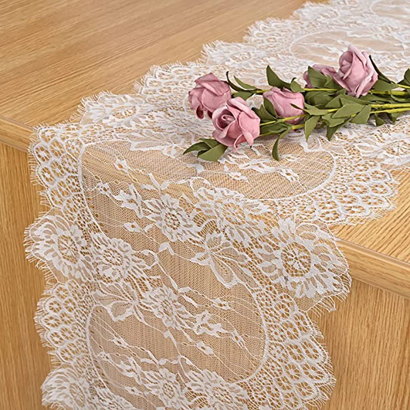 1PC European Embroidery Fine Lace White Simple Coffee Table Runner Mats Flag French Cabinet Tablecloth Wedding Party Decorations