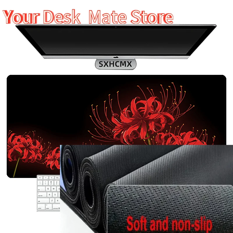Black Desk Mat Gaming Mouse Pad Large Office Carpet Accessories Red Spider Lily Blossom Mousepad Gamer Computer Desktop Mat