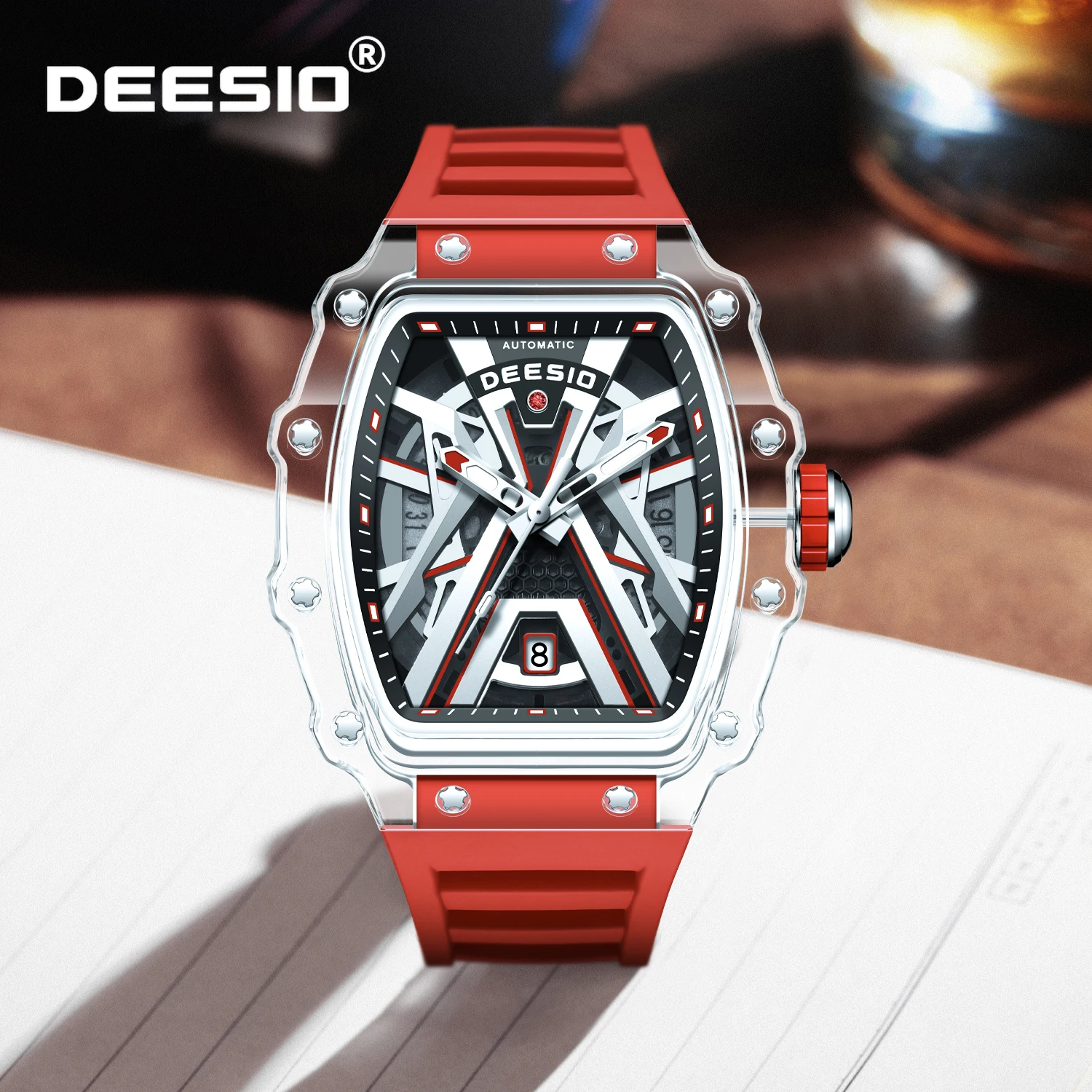 

Deesio Automatic Mechanical Men's Watch Skeleton Wine Barrel Stainless Steel Calendar 30M Waterproof Durable Wristwatch for Men