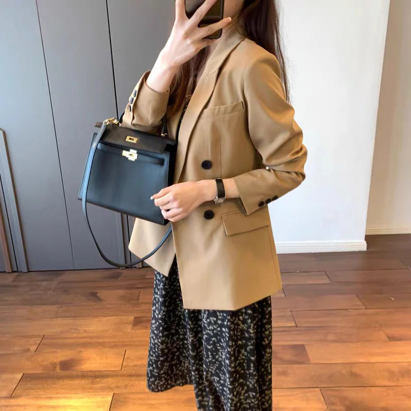 Handmade Tailored Small Suit Jacket Women's Stylish Double-breasted Arch Needle Stitching Slim Fit Commute Style Long Sleeve