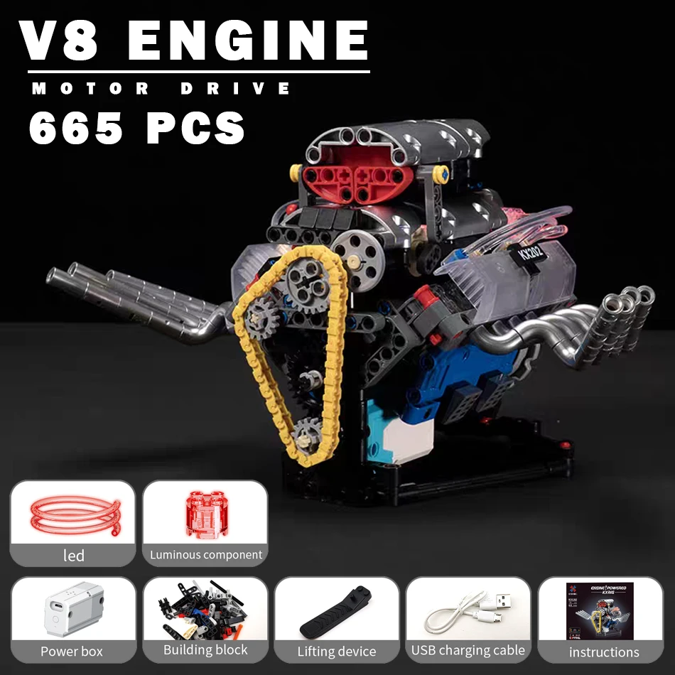 

MOC Electrically Drive V8 Engine Supercar Model Building Blocks Simulation Motorized Engine Car Bricks Toys for Adults Kids Gift