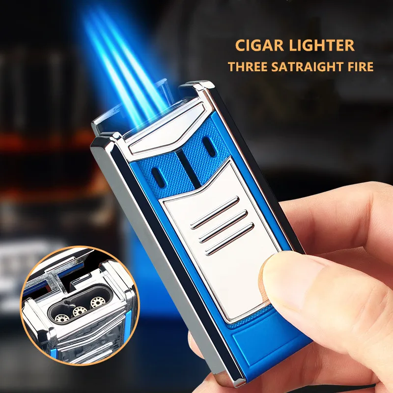 Creative Strong Outdoor Windproof Butane Gas Lighter Blue Flame Straight Jet Metal Turbo Three Torch Cigar Tool Men\'s Gift