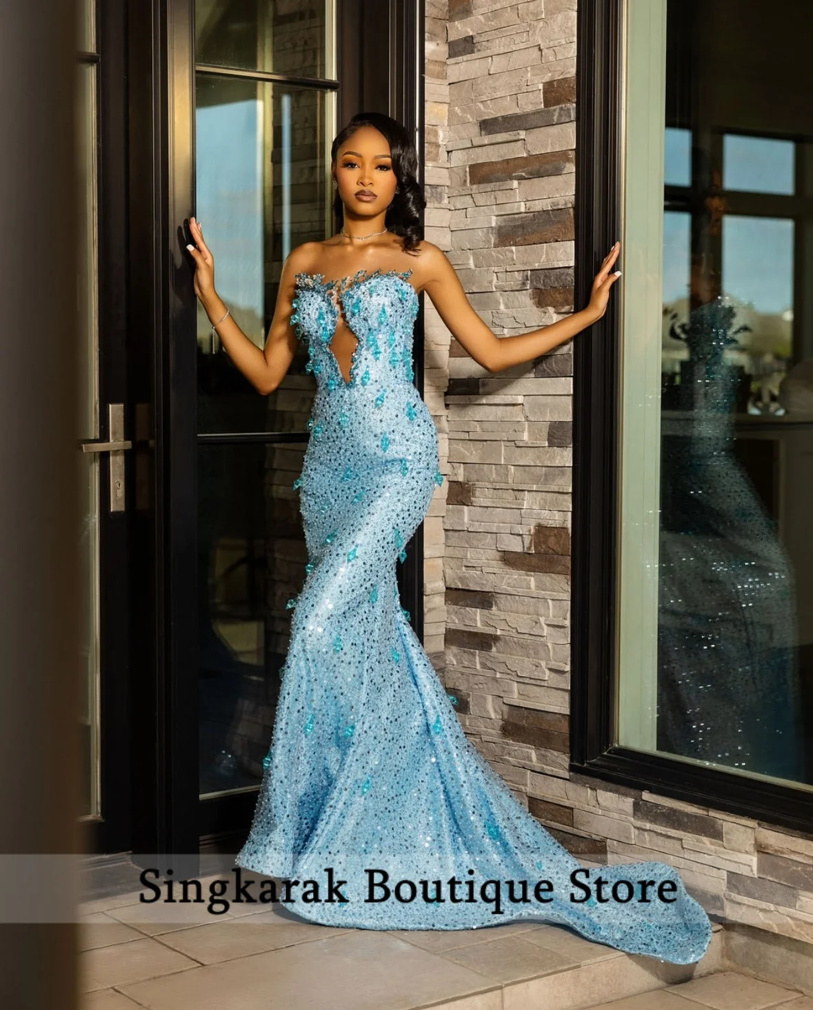 

Fashion Baby Blue 3D Crystal Strapless Mermaid Prom Dress Slim Fit Wedding Party Gown Evening Gown Customized