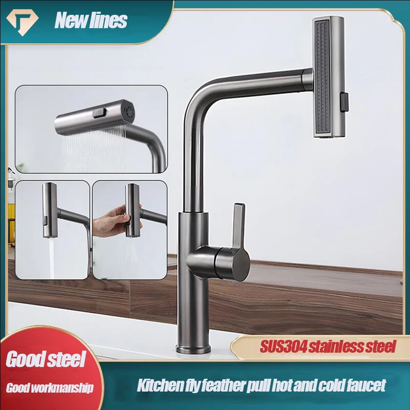 

Kitchen Stainless Steel Gun Grey Net Red Rain Pull Waterfall Cold And Hot Sink Cold And Hot Water Faucet