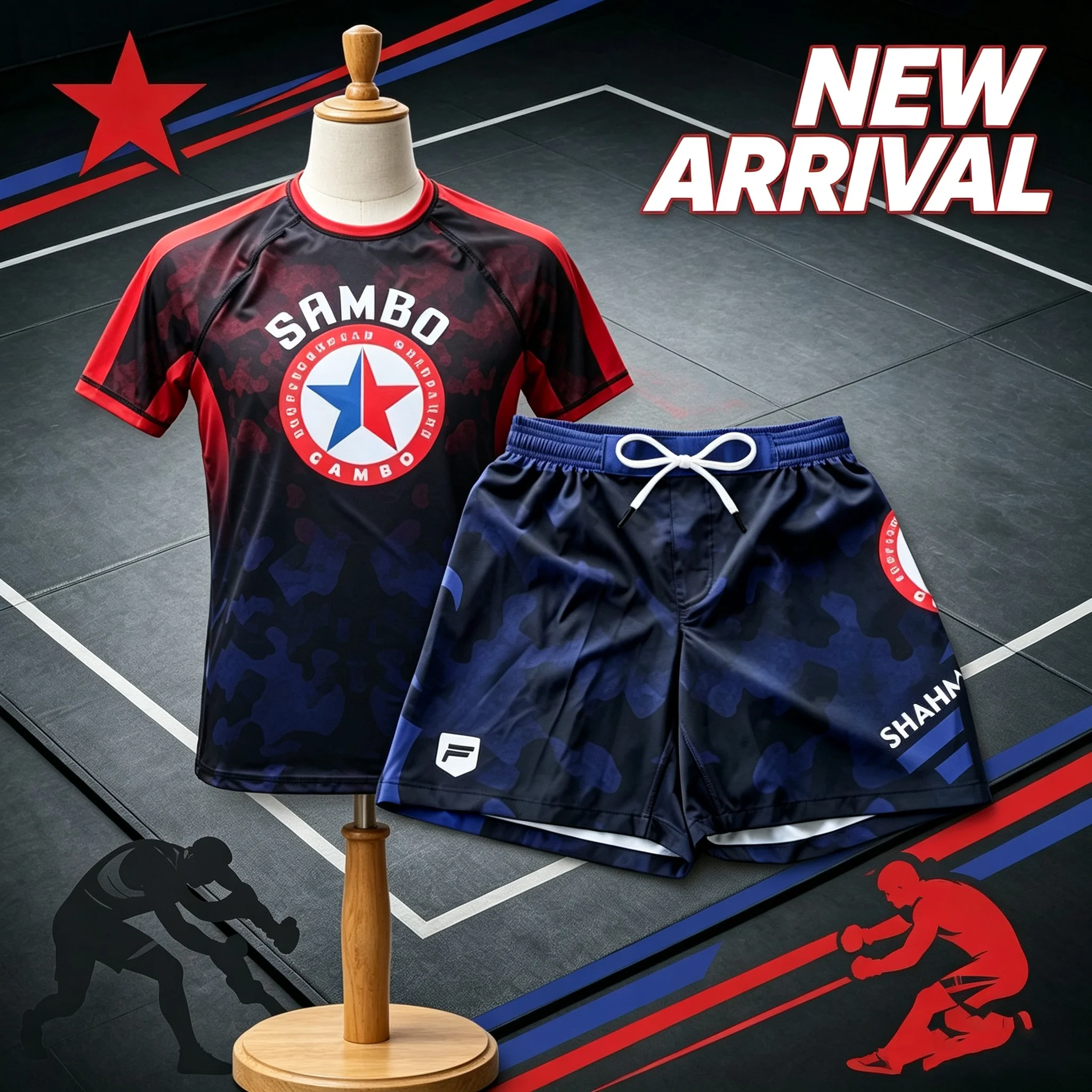 2026 New Hardcore Sambo Style Two-Piece Set Breathable Quick-Drying Printed T-Shirt + Camouflage Shorts Muay Thai Training Suit