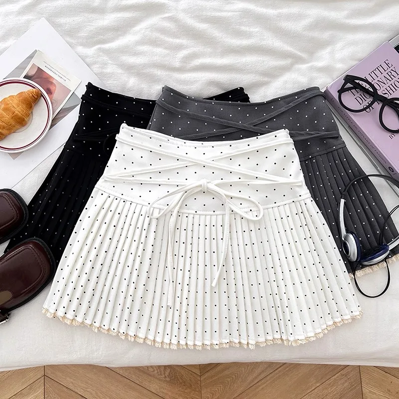 Women's White Mini Skirt Y2K Gyaru Vintage Korean Style Polka-dot Skirt Lace Up High Waist A-Line Skirts for Women Summer 2026