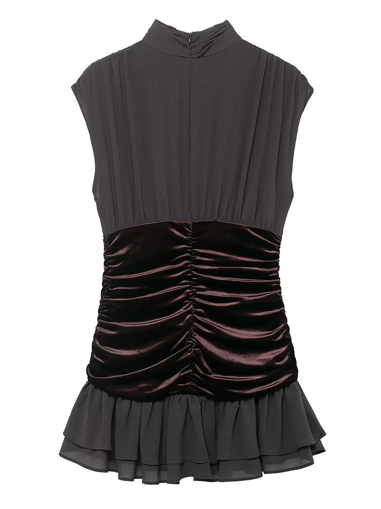 Mulheres lazer vestido 2025 moda feminina mangas curtas cor sólida splice rugas vestidos femininos verão outono elegante vestidos de festa